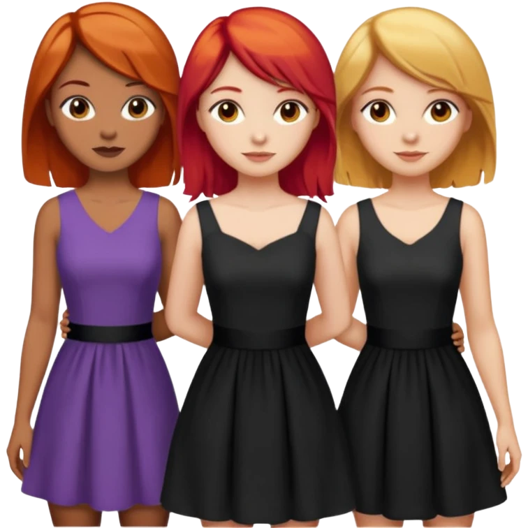 Can you create an image of 3 friends together one with red bright hair light skin one the other with brown hair with some blonde highlights in the hair fair skin the last one with light brown a tint of orange hair and black long hair with brown with dresses emoji