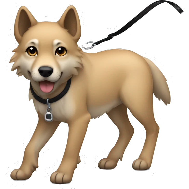 4 short legs a light brown puppy-like wolf with black  ears with black leash  is walking emoji