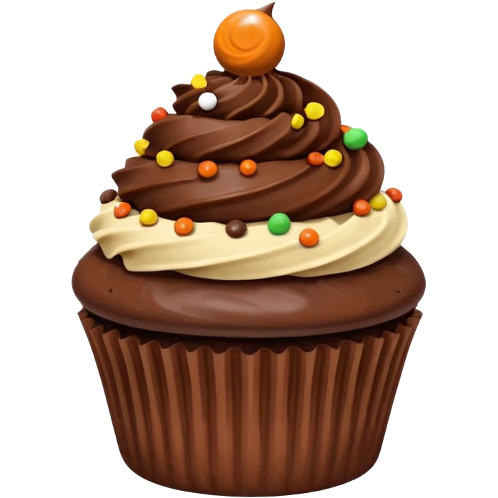 Cupcake that’s been chocolate round dipped with Reese’s pieces on top emoji