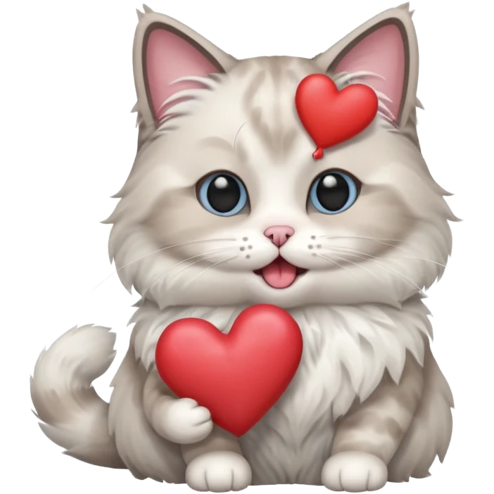 Full body ragdoll Cat holding a heart and mouth open, blush on cheeks emoji