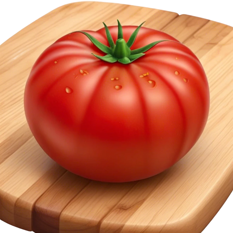 Cinematic juicy ripe tomatoe, deep red, slightly dewy, arranged on a wooden cutting board, soft glowing background, rich and flavorful. emoji