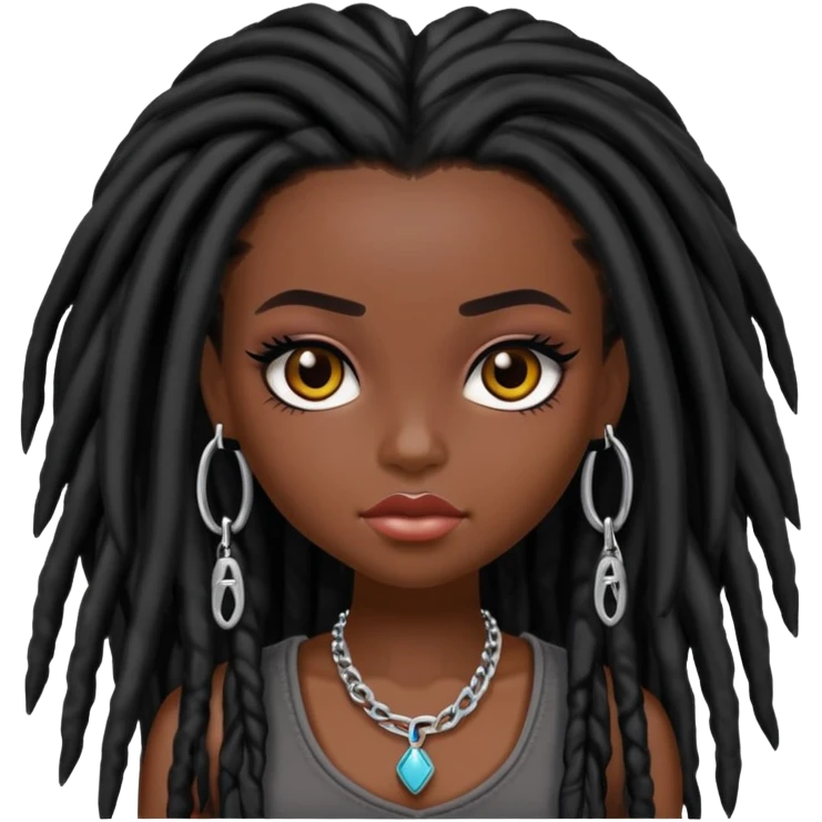 pretty bratz baddie, dark black skin, black dreads hair (black people hair) emoji