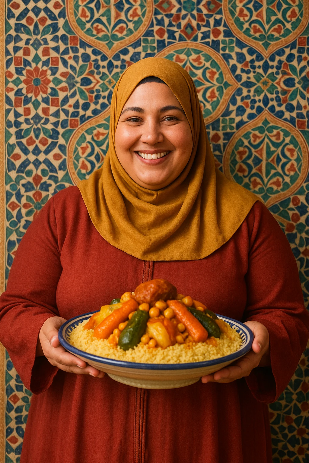 a Moroccan curvy woman with a plate of couscous, wearing a full hijab, smiling emoji
