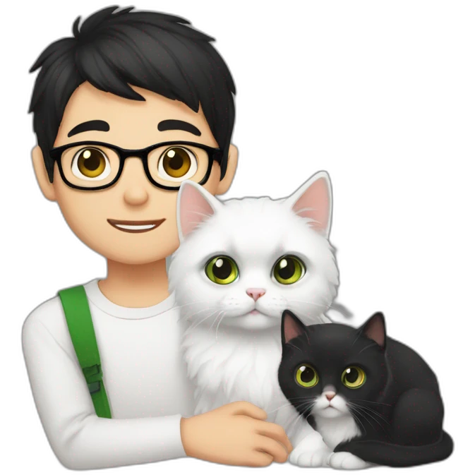 Boy with green eyes, black short hair, white skin, with glasses, hold Persian cat orange emoji