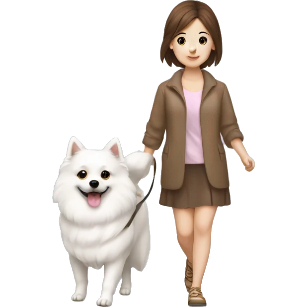 Japanese spitz dog walk brown hair girl with dress emoji