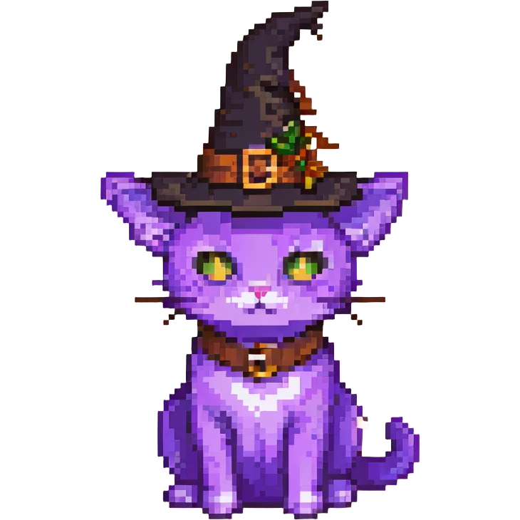 purple cat wearing a witch hat pixel art emoji