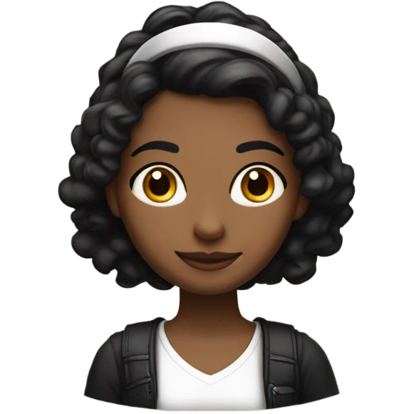 una chica joven de pelo largo negro con una camiseta blanca guapa con una diadema en la frente negra y con un libro emoji