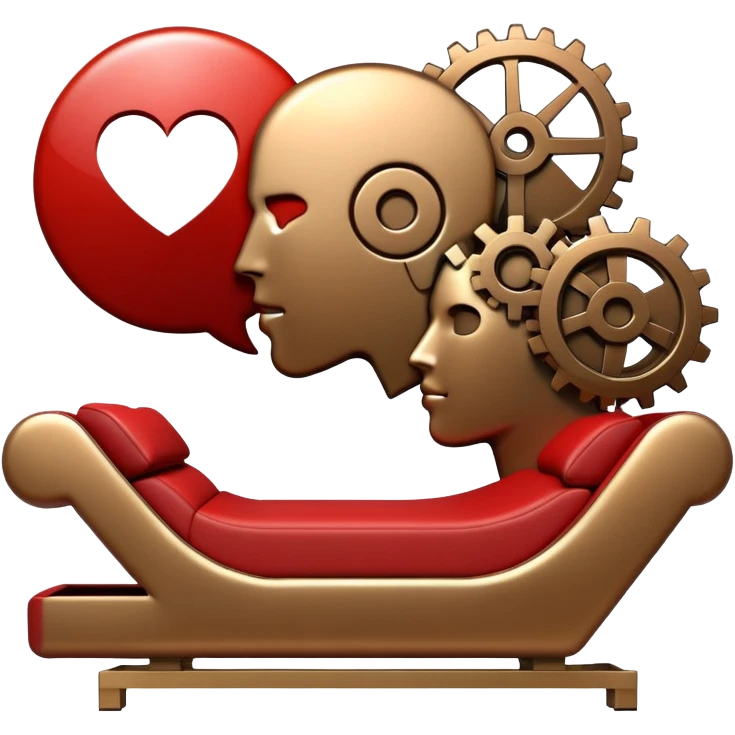 An icon featuring a human head silhouette with gears and a heart inside, symbolizing psychology. The design includes a therapy couch and a speech bubble, representing mental health and communication. Transparent background highlights the study of the human mind and behavior. emoji