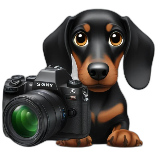 a black dachshund dog holds a SONY camera in his hands emoji