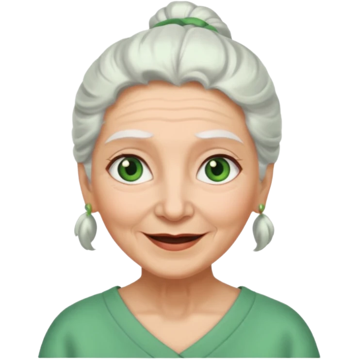 abuela con ojos verdes, pelo blanco, pelo blanco y amarrado, aspecto feliz emoji