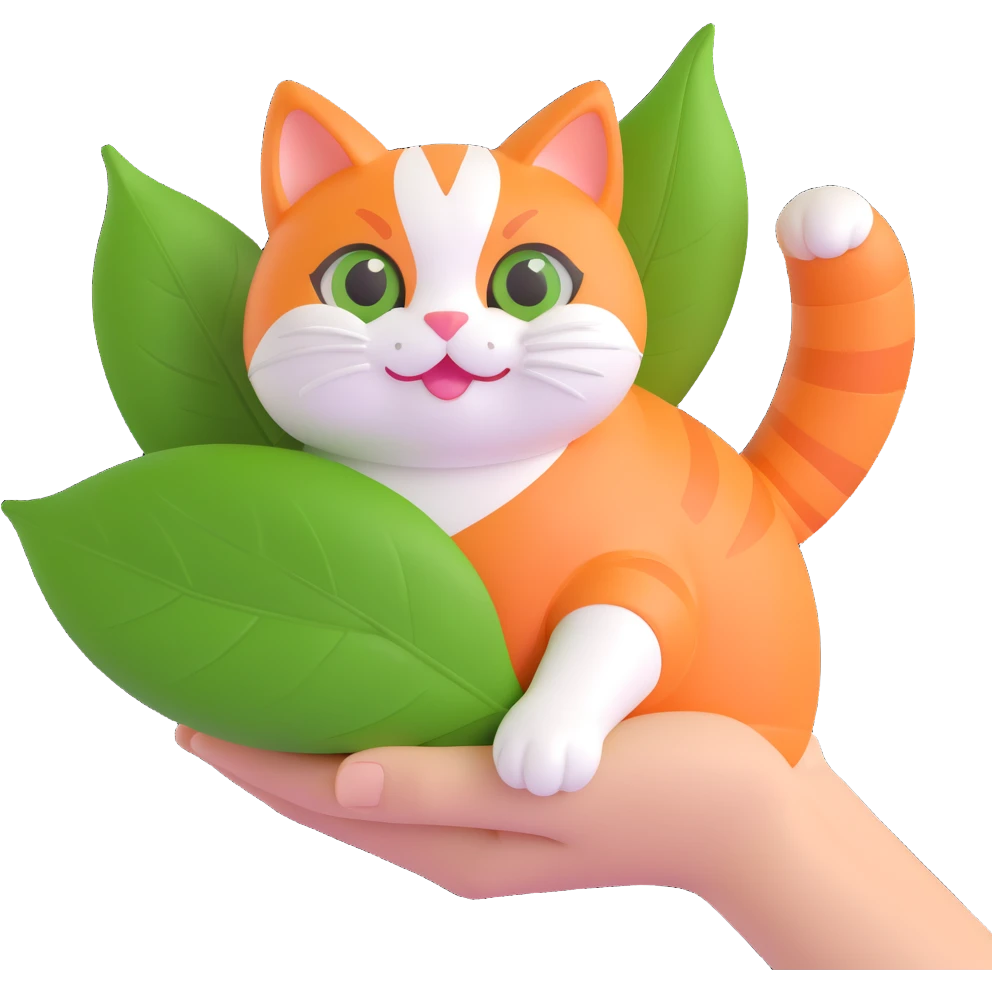 cute 3D iOS style illustration of a hand holding a chubby orange and white cat wrapped in a green leaf, happy expression, round adorable cat with big eyes and small mouth, playful bright 3D style emoji
