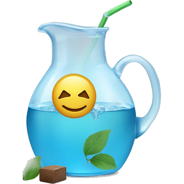 transparent jug of water filled halfway with blue water and three ice cubes floating. beside the jug an additional brown guampa filled with green yerba and a silver straw sticking out. plain background and emoji styled  emoji