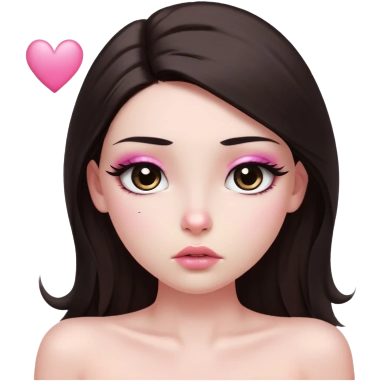 girl with white skin, dark brown long straight hair falling in front of her body, pouty shiny lips without cupid's bow, shiny large eyes with long eyelashes, lighter button nose, very long oval-shaped face, wearing a pink bandeau top with straight neckline, looking directly at camera with hands down at sides emoji