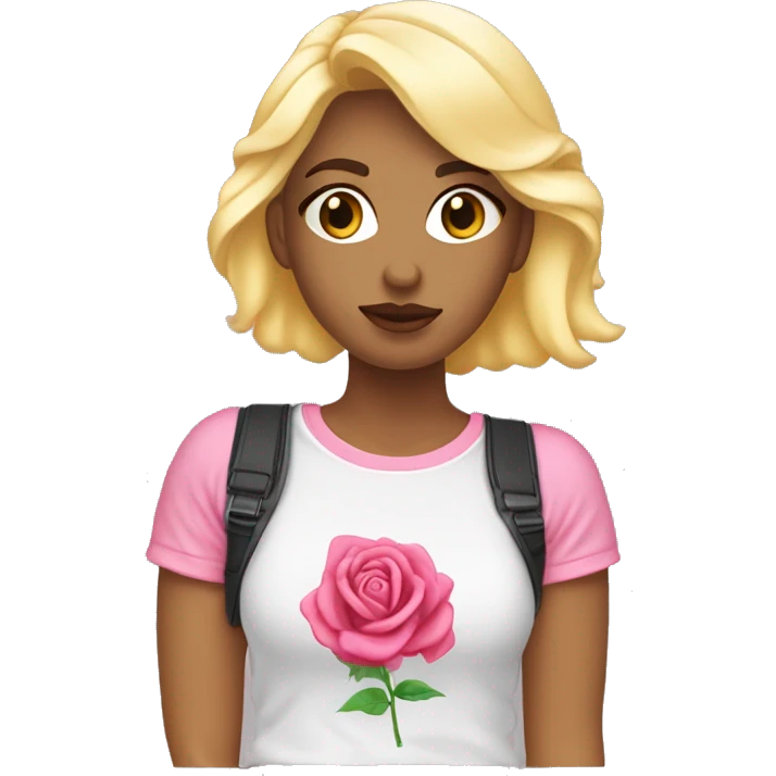 fifille coquette blonde et yeux avec un t-shirt rose coquette et qui fait ✌🏼 avec sa main droite emoji