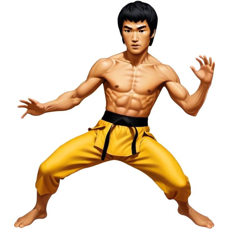 Cinematic Realistic Bruce Lee Portrait Emoji, depicted as a dynamic martial arts icon with an intense gaze and athletic physique caught in a fluid motion, rendered with vivid textures and energetic lighting that embodies his legendary prowess. emoji
