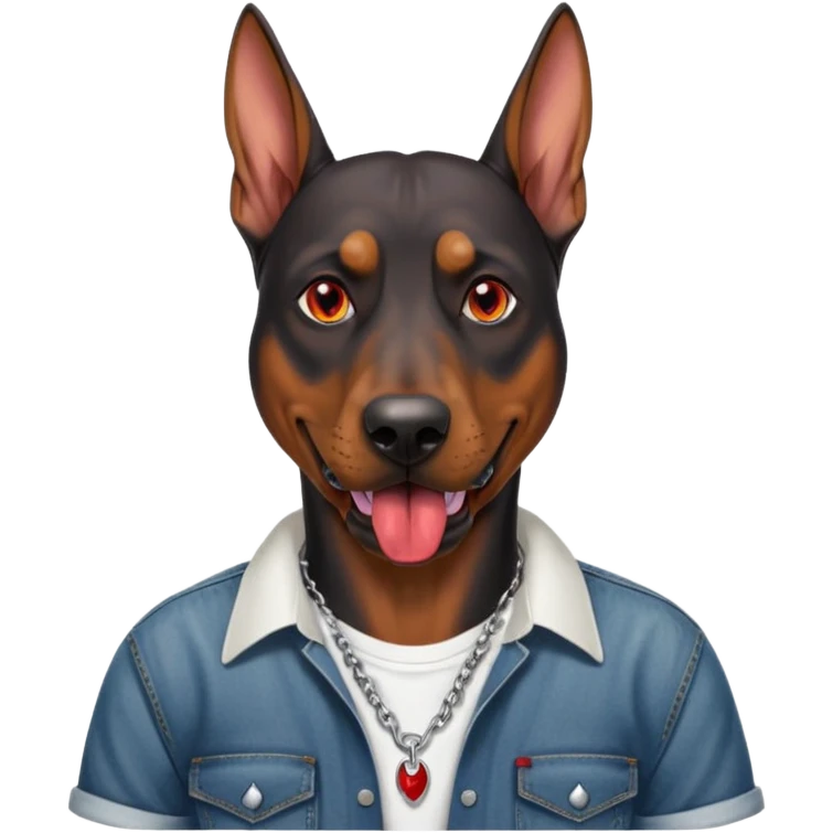 Generate a emoji of a big evil doberman dog with red eyes and a tongue sticking out, give the doberman a human body with a white shirt and baggy jeans, make the doberman have ear piercings and a septum ring emoji