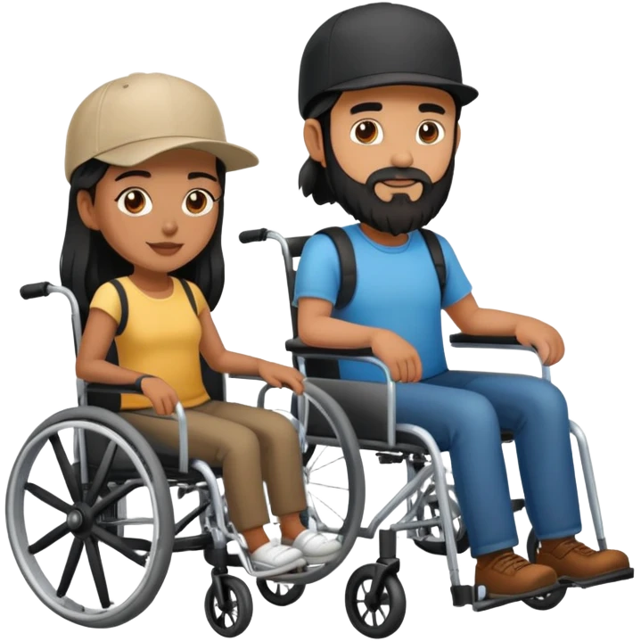 Beige skin man with a beard and cap in a wheelchair and a brown skin woman with long black hair in a wheelchair  emoji
