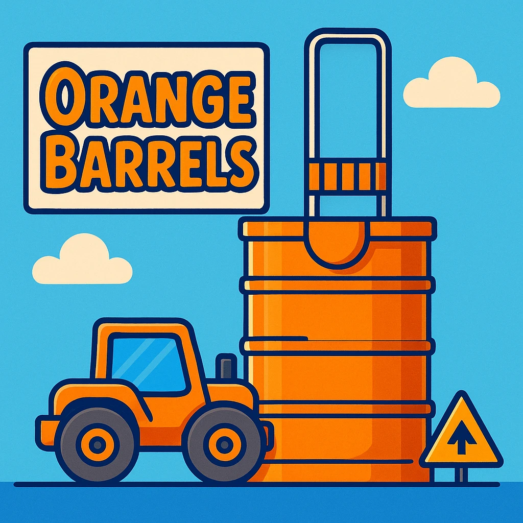 Add a sign next to the orange road construction barrel that says 'Orange Barrels' in a playful cartoon font. Keep the bright, fun background. emoji