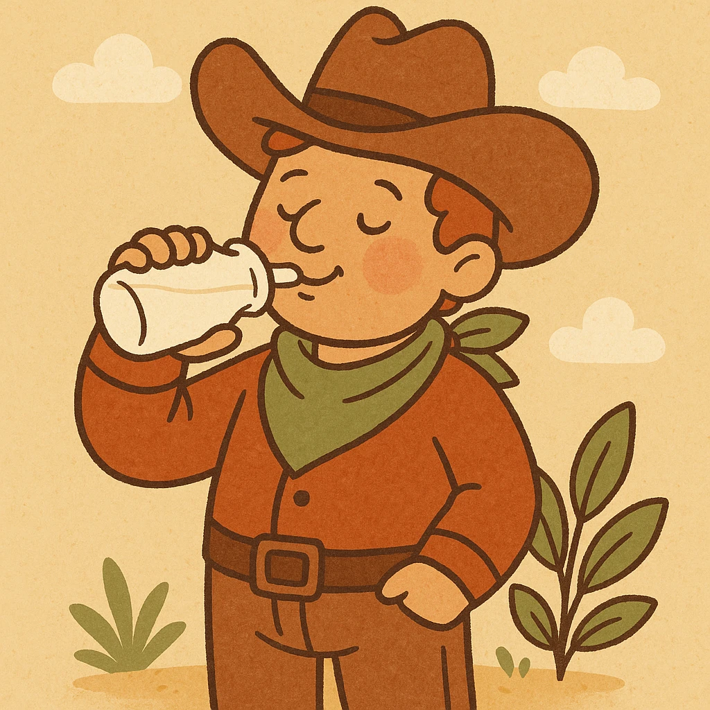 a cartoon cowboy with a milk bottle, playful style, warm colors, detailed illustration emoji