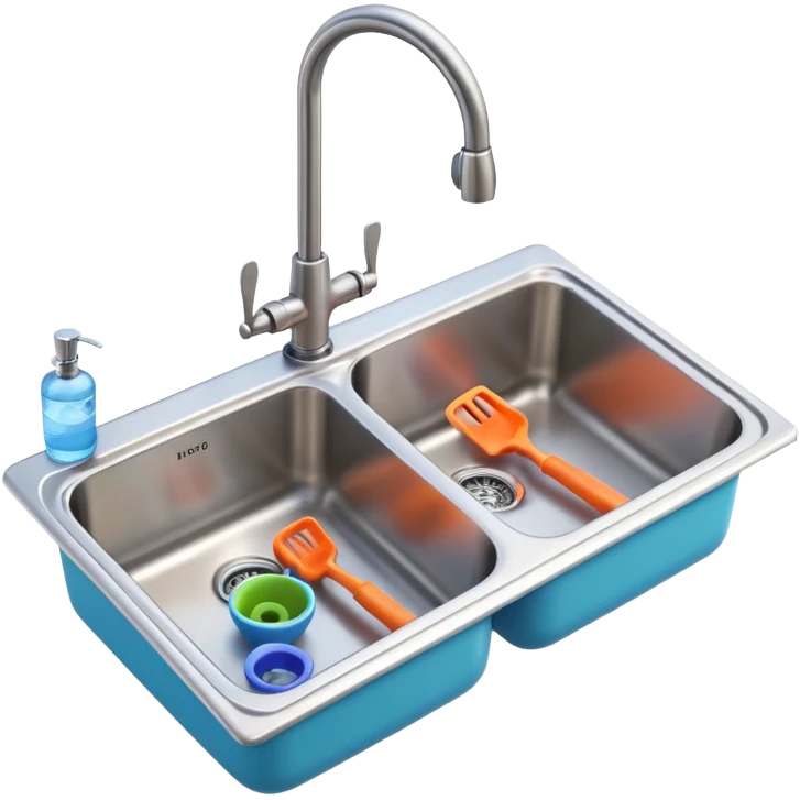 3D Pixar-style kitchen sink with a faucet and water running, some plumbing tools nearby, bright clean look, realistic but colorful, isolated on white

 emoji