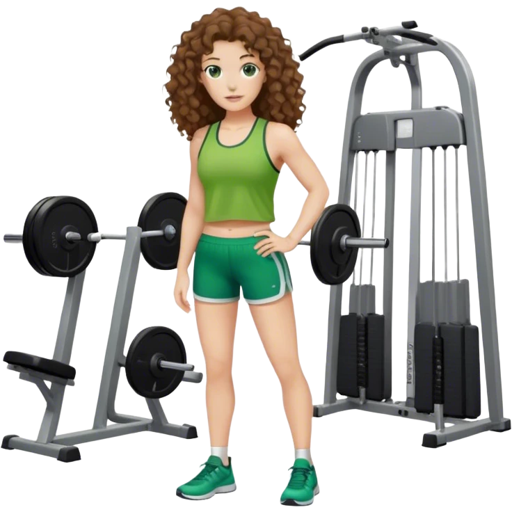 white woman with long brown curly hair in green top and shorts at gym emoji