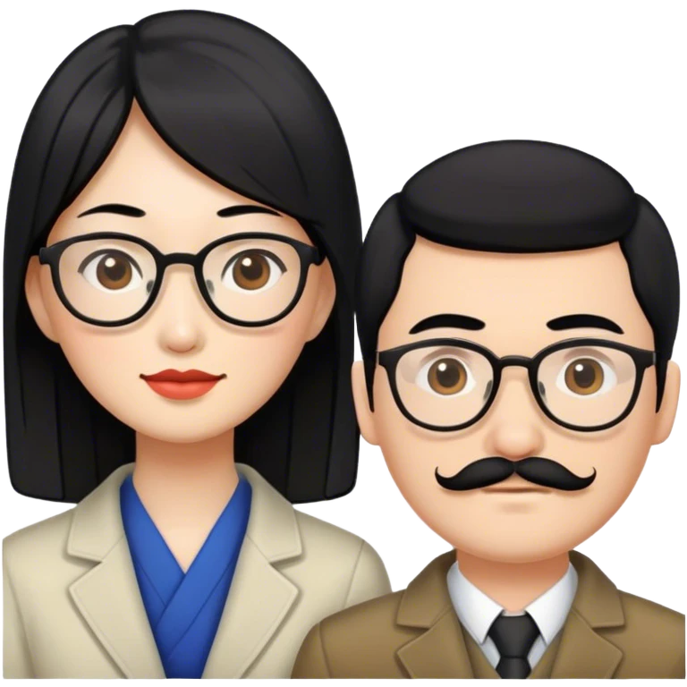 An Asian woman with black hair and a Russian guy with brown hair and mustache with glasses in Japan emoji