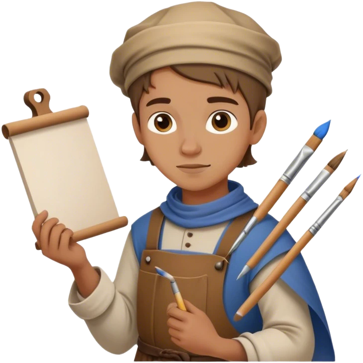 young painter apprentice with rolled up drawing, medieval age emoji