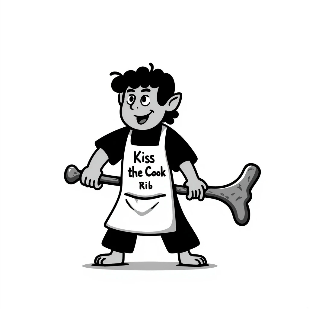 An orc wearing an apron with the text "Kiss the Cook" scratched out and replaced with "Fear the Cook", featuring a giant rib bone as a weapon emoji