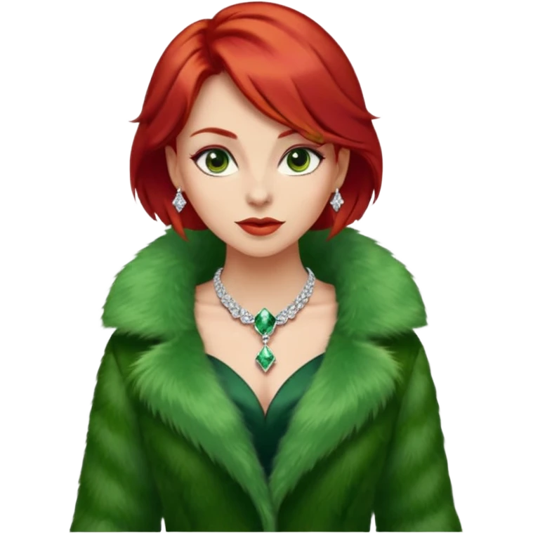 * Character: A stylish lady,red hair
* ﻿﻿Clothing: A luxurious green fur coat
* ﻿﻿Accessories: A dazzling diamond necklace
* ﻿﻿Expression: Confident, elegant, maybe slightly glamorous
* ﻿﻿Pose: Head slightly tilted or a poised posture
* ﻿﻿Style: Emoji-like, simple but expressive emoji