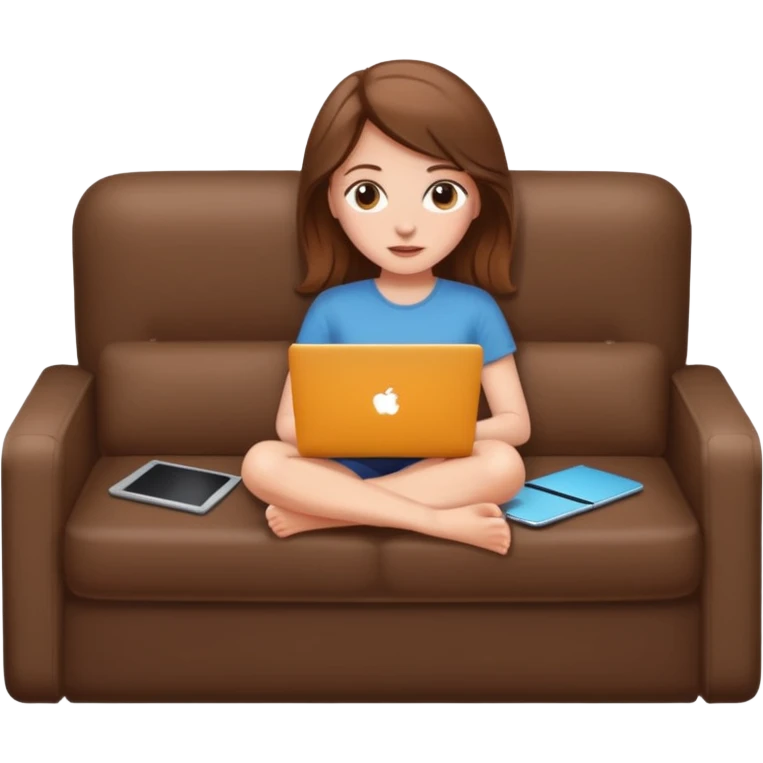 A white girl is lying on a sofa with a laptop emoji