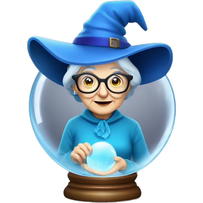 smart granny witch with glasses and blue hat in crystal ball emoji