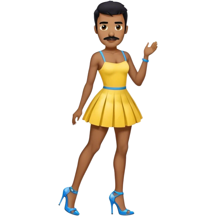 Man in a yellow mini skirt dress and blue strappy high heels with black hair and black mustache and brown skin emoji
