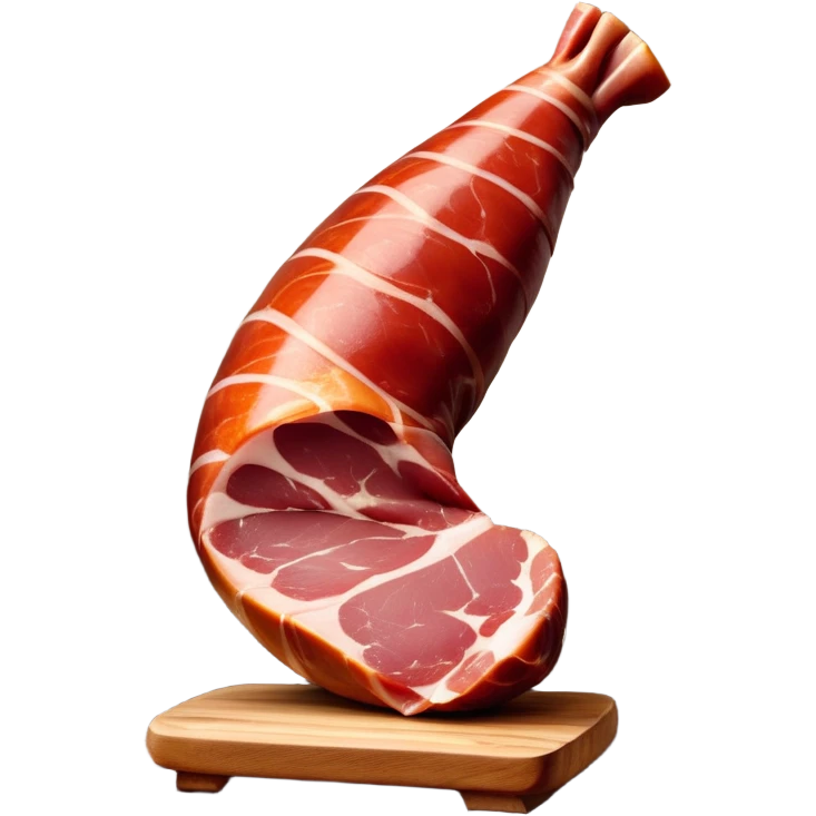 _cinematic-realistic-spanish-ham-leg,-depicted-as-a-massive,-cured-leg-of-jamón-serrano-(ham)-with-a-deep-reddish-brown-hue on the outside,-intricately-marbled-and-slightly-glossy-with-age,-elegantly-displayed-on-a-rustic-wooden-stand-and-bathed-in-warm - jamon prosciutto emoji