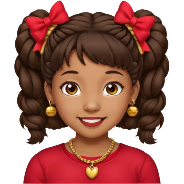 Brownskin girl dark brown hair fluffy. pigtails with red bows brown eyes smiling closed mouth red shirt gold esrrings gold necklace emoji