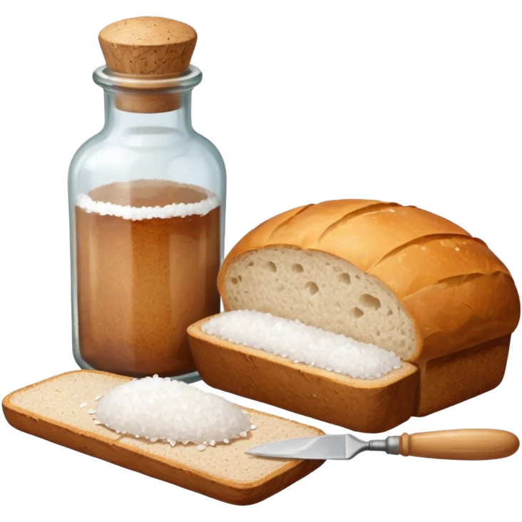 a one victorian bottle of salt and a loaf of bread - crochet needles and a ball of wool emoji