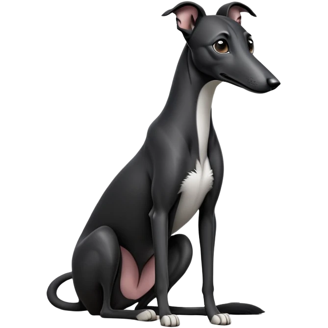 cinematic-[black greyhound]-realistic-full-body-sitting-emoji,-tail-resting-loosely-beside-its-paws,-head-tilted-dramatically, ears drooped, -sleek-[black]-fur,-simplified-yet-realistic-focused-features,-highly-detailed,-glowing-with-an-almost-sarcastic-glow emoji