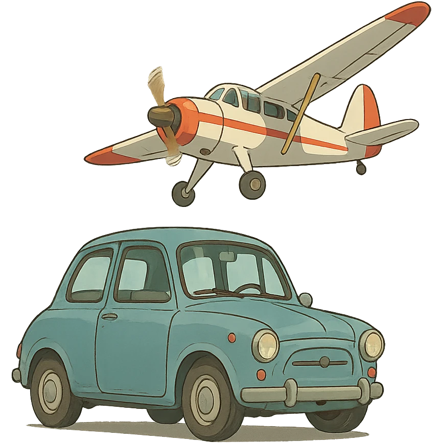 ghibli style car with a plane emoji