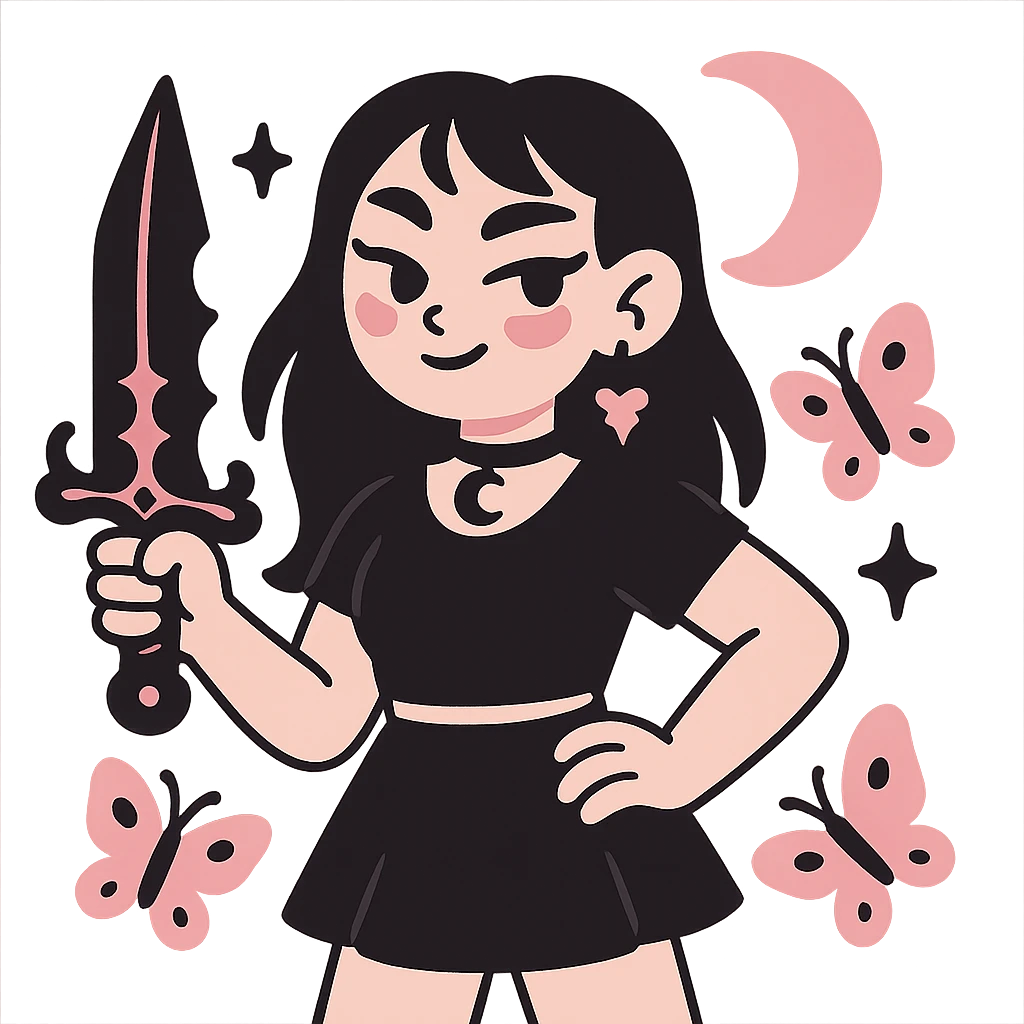 gothic knife, black and pink, with butterfly accents and crescent moon emoji