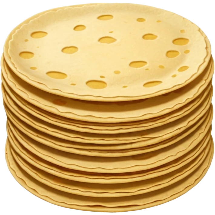 stack of 3 small round corn tortillas, golden-yellow color, grainy texture, browning spots, uneven handmade edges, flat and soft, arranged with slight offset, no plate, no garnish, soft lighting, subtle shadows, emoji scale emoji