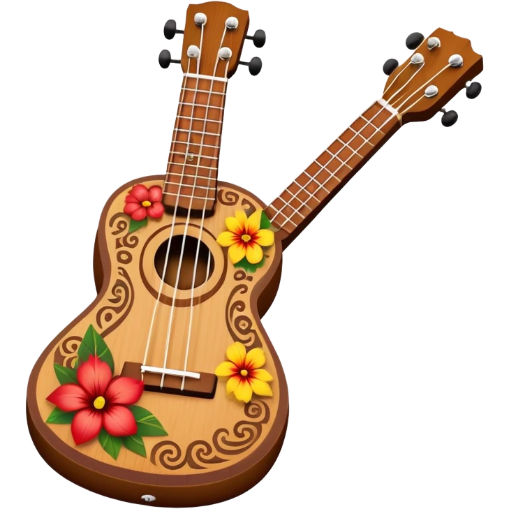 Ukulele with Polynesian carvings with flowers behind it emoji