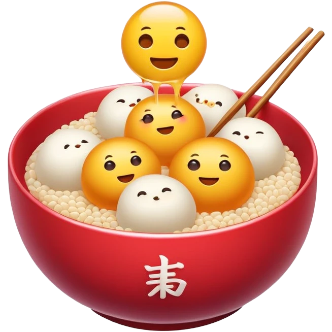 Sweet glutinous rice balls in syrup bowl with sesame, simplified emoji style with bold outlines and bright colors, cartoon style Tangyuan dessert snack emoji