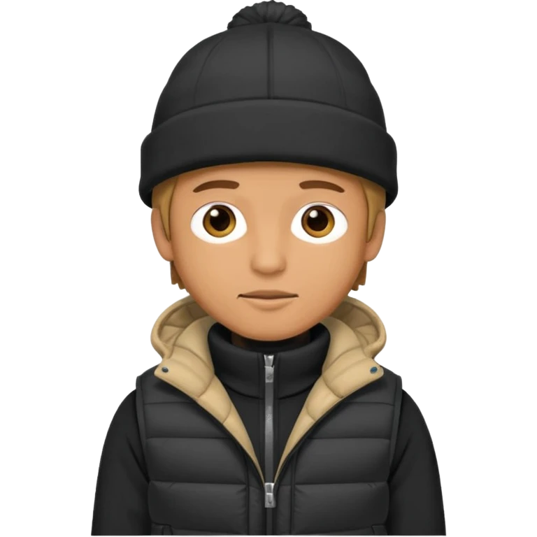 A guy in a hat, black hoodie, and a puffer vest emoji