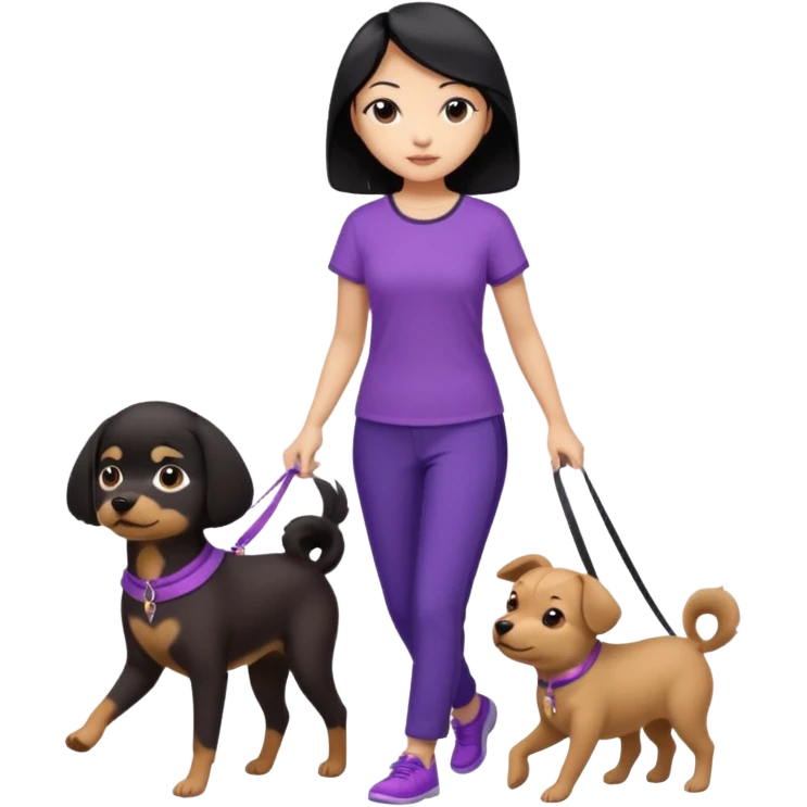 black hair Chinese woman wearing purple top and black pants walking 1 small brown dog emoji