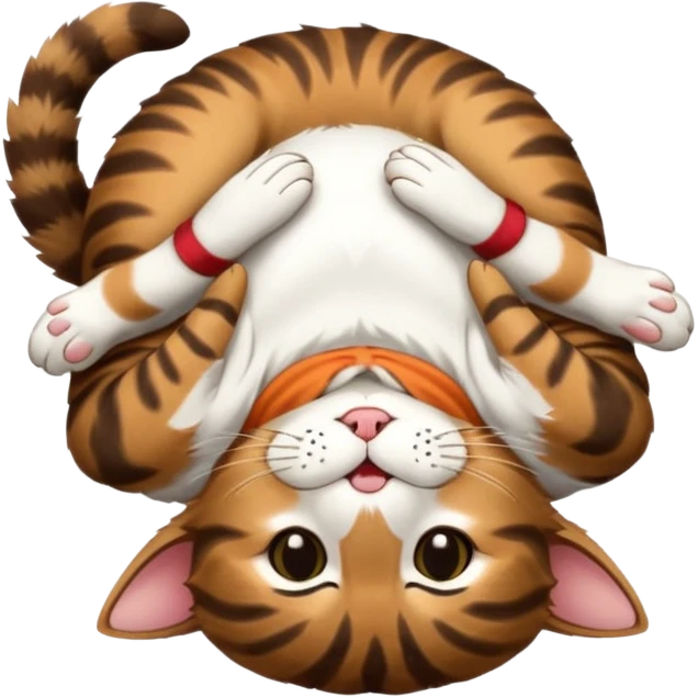 dark brown tabby and white cat in funny positions upside down with eyes closed emoji