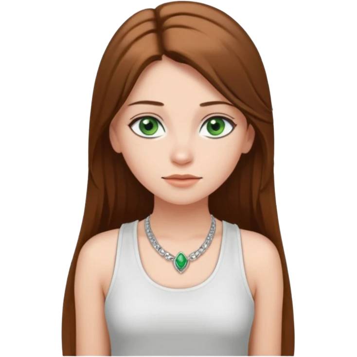 A girl with long brown straight hair, green eyes, and a white tank top; she doesn't have bangs. she wear a lot of silver jewerly  emoji