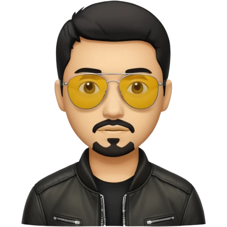 A man with middle part haircut black hair sunglasses with yellowish glasses And black jacket. Goatee short black beard emoji
