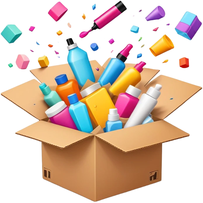 exploding cardboard box with beauty products flying out in a chaotic, disorganized way emoji