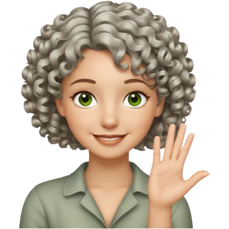 silver, short, wavy-haired with curls, smiling pretty lady, hopeful with fingers crossed on one hand, green/brown eyes emoji