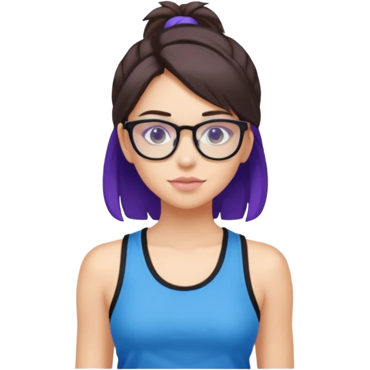 Girl with brunette and purple highlights wearing black tank top and blue sweatpants with clear glasses emoji