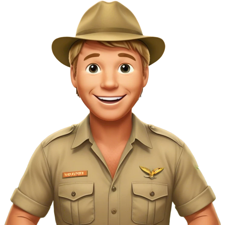 Cinematic Realistic Steve Irwin Portrait Emoji, depicted as a passionate wildlife expert in his signature khaki attire with an enthusiastic smile and a backdrop of the Australian outback, rendered with vibrant textures and dynamic natural lighting that captures his adventurous spirit. emoji